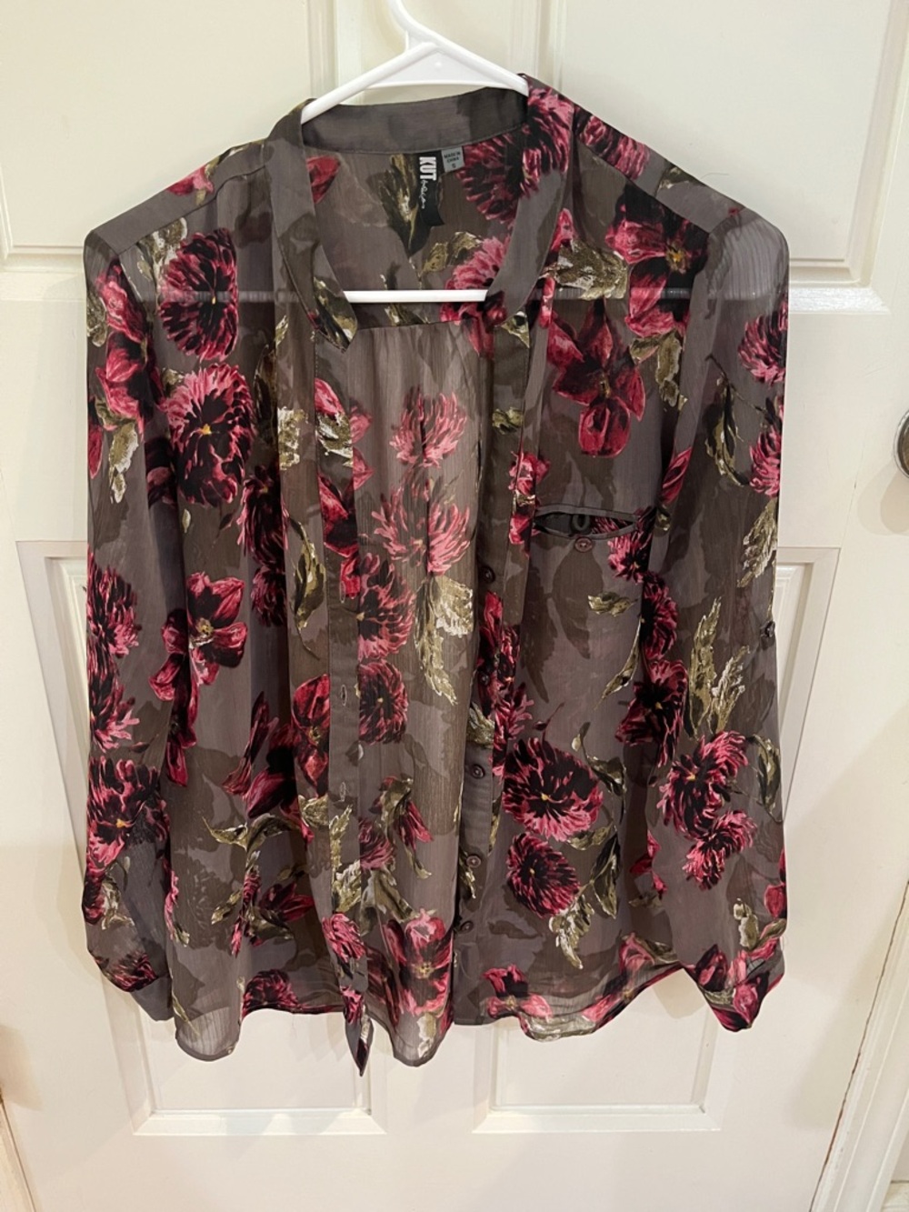 Kut from the Kloth Floral Sheer Blouse in Gray and Pink